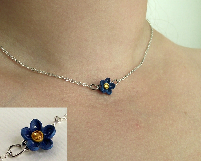 Forget me not necklace Tiny flower necklace 925 silver chain Cute everyday jewelry Navy blue quill paper Choker necklace charm for women