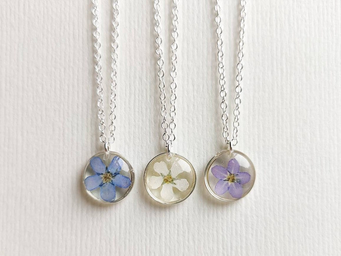 Dainty forget me not necklace, Small pressed flower necklace personalized, Gold or sterling silver