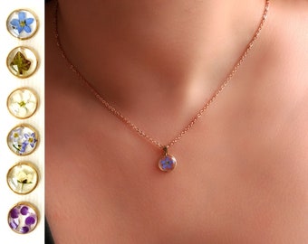 10mm Rose gold real flower necklace Tiny pressed flower jewelry Delicate choker resin jewelry Spirea Forget me not necklace Ivy leaf pendant
