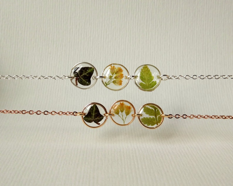 925 silver or Rose gold dainty bracelet Pressed flower jewelry Yellow Mimosa green Fern /& Ivy leaves in resin charms Delicate gift for woman