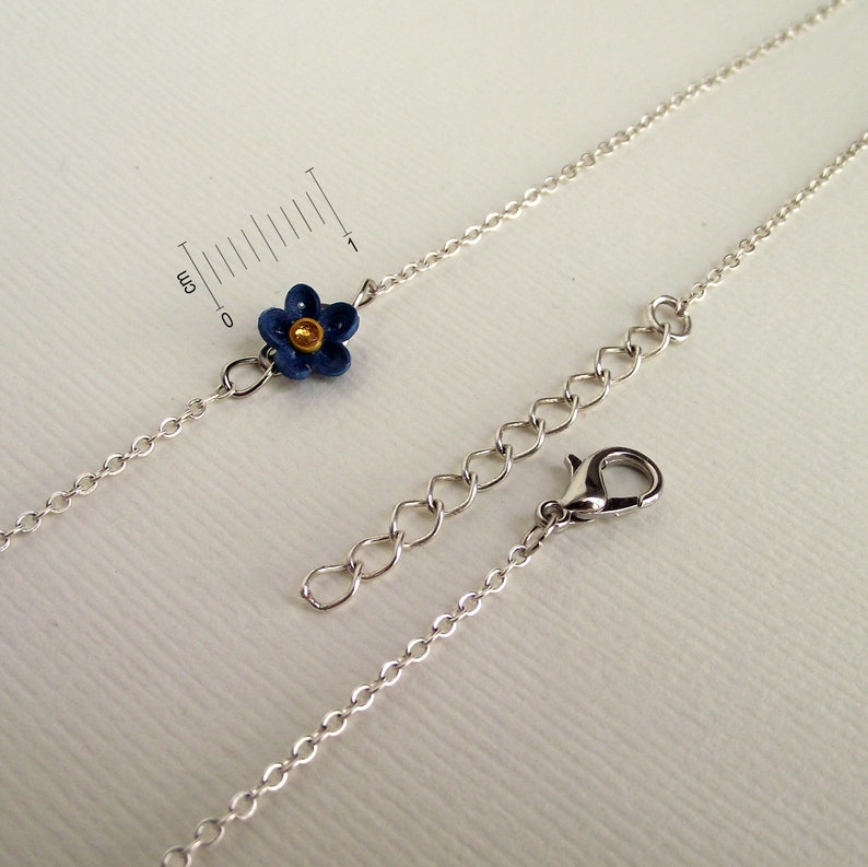 Forget me not necklace Tiny flower necklace 925 silver chain Cute everyday jewelry Navy blue quill paper Choker necklace charm for women