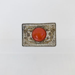 Antique Chinese Carnelian Silver Filigree Brooch