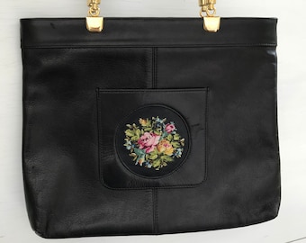 Vintage 1960s Petit Point Leather Handbag, Lucite Handle Black Purse