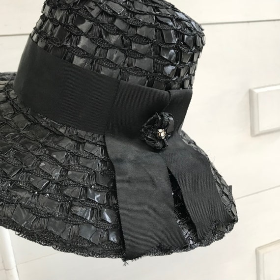 Vintage 1960s Black Straw Hat: Grosgrain Ribbon Flower  display picture 1