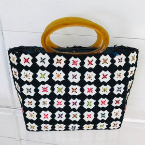 Vintage MCM Embroidered Lucite Handle Tote