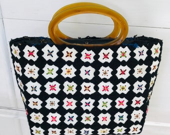 Vintage MCM Embroidered Lucite Handle Tote