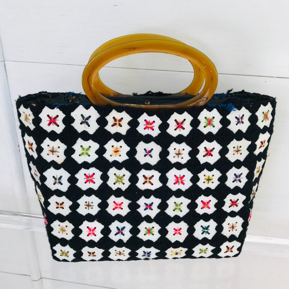 Vintage MCM Embroidered Lucite Handle Tote - image 1