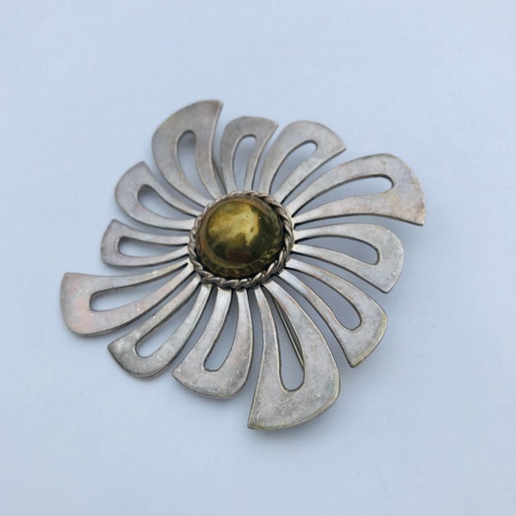 Vintage Taxco Sterling Brooch, Sun Medallion, Ste… - image 2