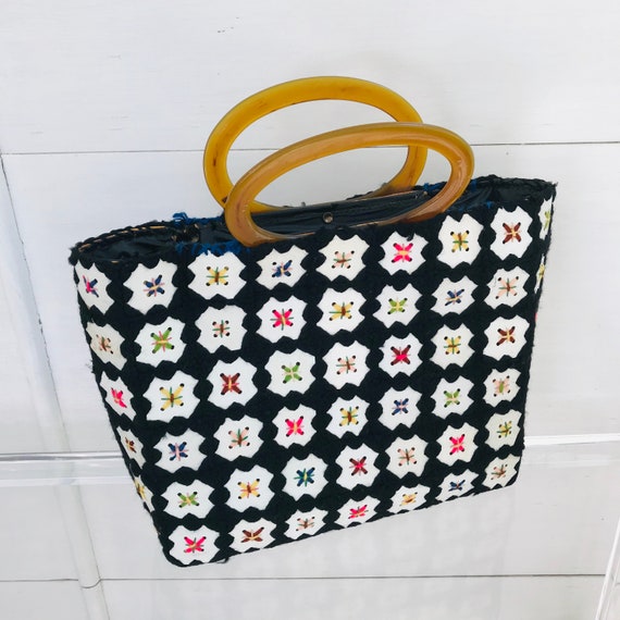 Vintage MCM Embroidered Lucite Handle Tote - image 3