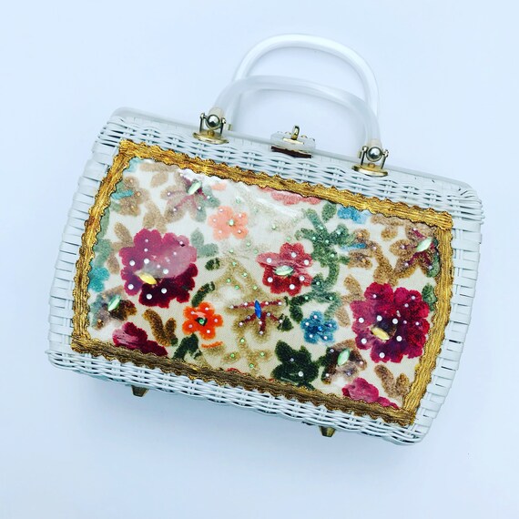 Vintage Wicker Bag, Glassine Window, Tapestry Bag… - image 1