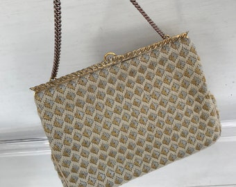 Vintage 1950s/1960s Crewel Fabric Frame Purse, Metallic Gold & Silver Bullion, Mid Century Modern