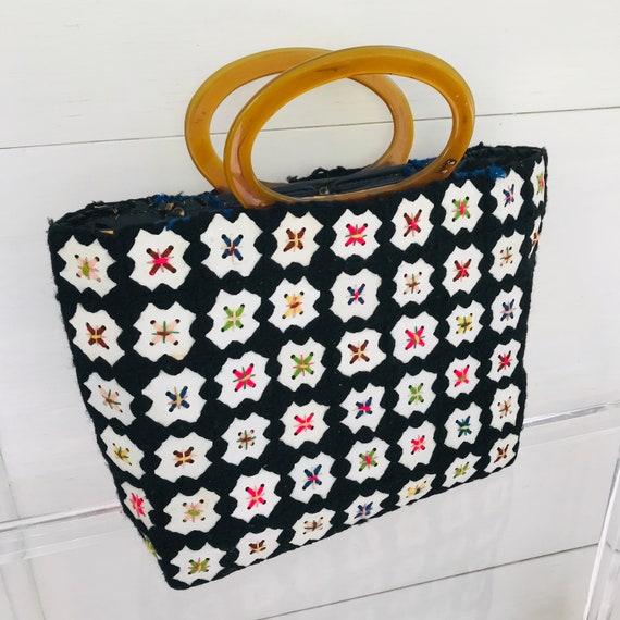 Vintage MCM Embroidered Lucite Handle Tote - image 2