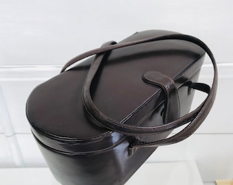 Vintage Polished Leather Lunchbox Bag, Flip Top Bag, Midcentury Modern Handbag, Picnic Purse, 1950s Bag, Gift