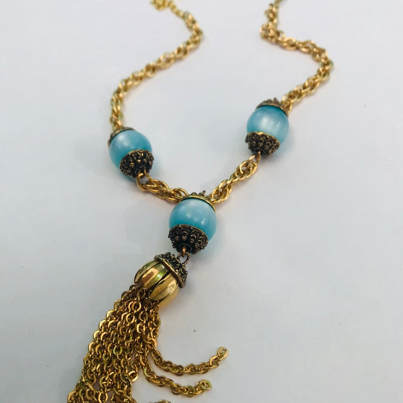 Vintage 1960s Lucite Blue Bead Tassel Choker Necklace Gold Etsy