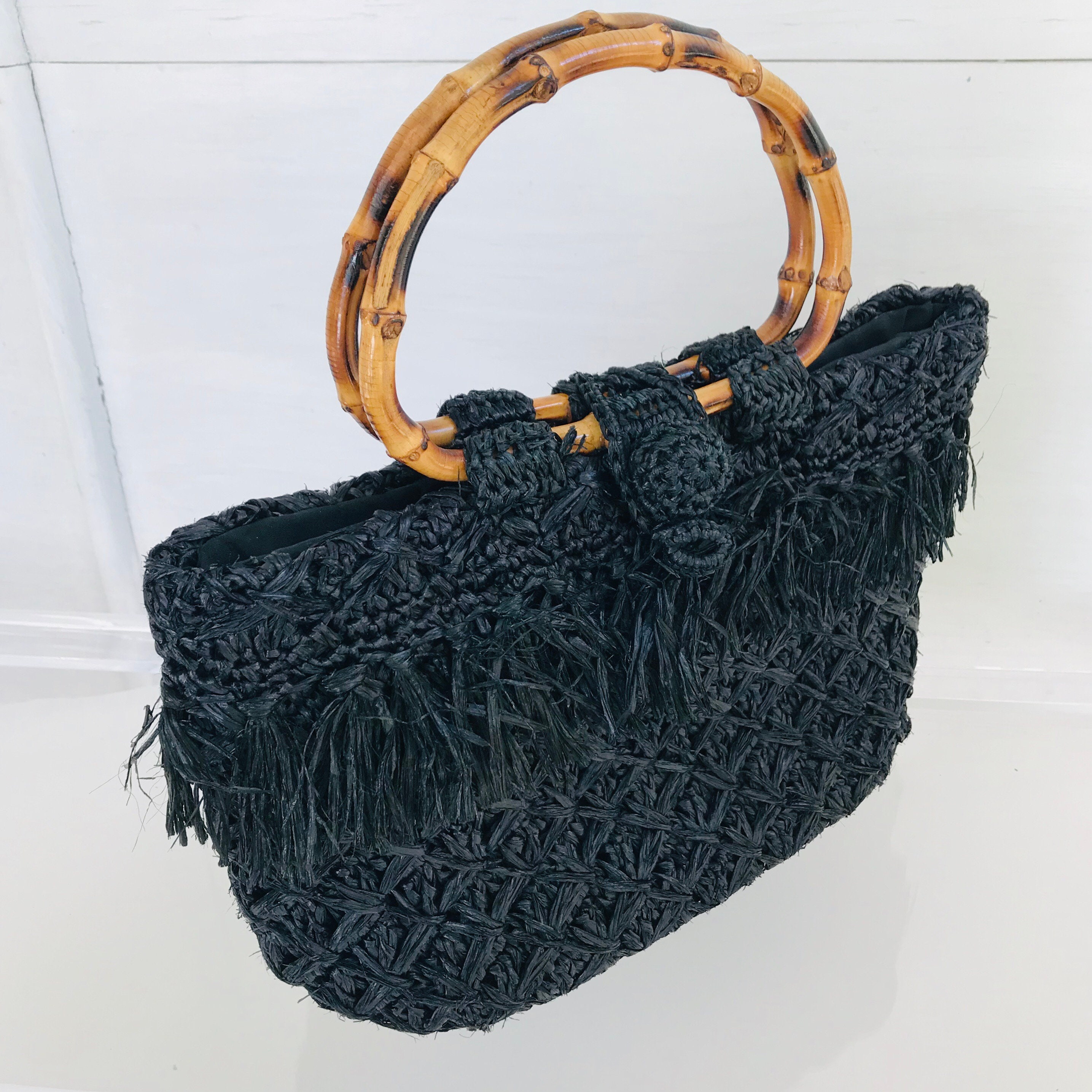 Vintage Bamboo Handle Straw Bag Etsy India