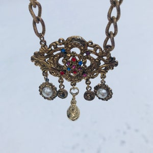 1970s Chain Necklace, Jeweled Charm Necklace, Valentine&#39;s Day Gift, Statement Runway Necklace, 1960s Jewelry