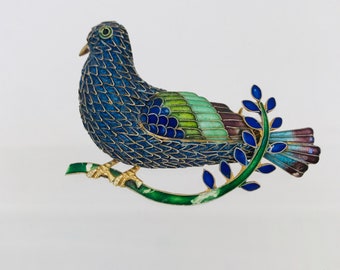 Antique Chinese silver plique a jour enamel Bird Brooch