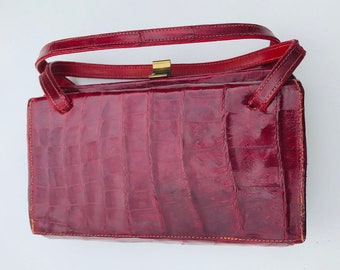 Vintage Crocodile Handbag, 1930s, 1940s WWII era, RED