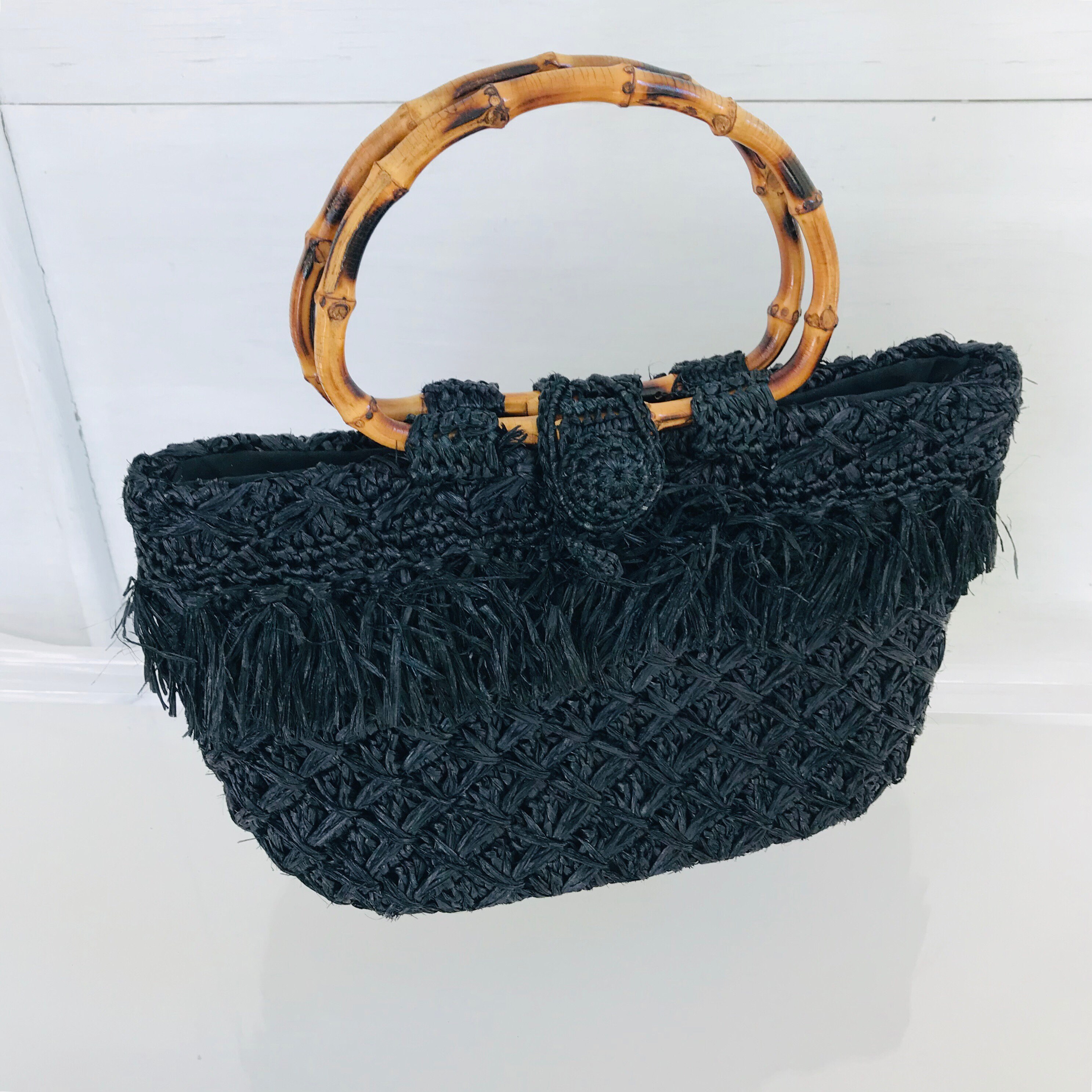 Vintage Bamboo Handle Straw Bag Etsy UK