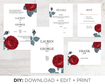 Red Roses Wedding Invitation Suite, DIY Editable Wedding Invitation Template, Vintage Floral Wedding Invitation, Sweet Red Flowers Botanical