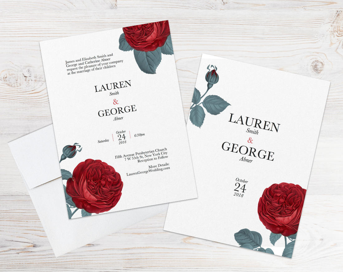 Red Roses Printable Wedding Invitations, 2-sided, DIY Editable Wedding ...