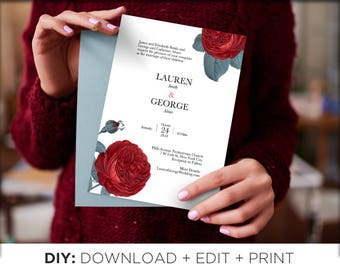 Red Roses Printable Wedding Invitations, 2-Sided, DIY Editable Wedding Invitation Template, Vintage Floral Wedding Invitations, Botanical