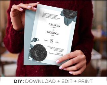 Black Roses Printable Wedding Invitation, 2-Sided, DIY Editable Wedding Invitation Template, Vintage Floral Wedding Invitations, Botanical