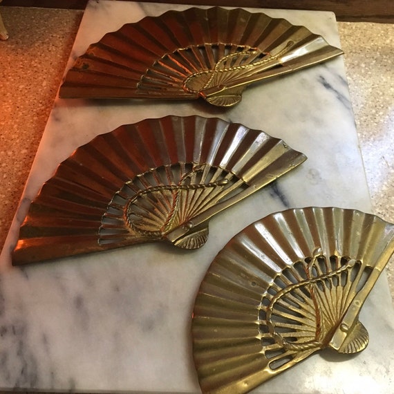 Vintage Antique Brass Fans Set Of Three Wall Hanging Or Etsy
