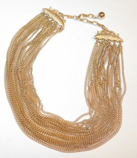 Vintage 40s Gold Tone Ball Chain Multi Strand Waterfall Necklace