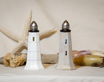 Maine Lighthouse Salt and Pepper Shakers - Cape Neddick Light (Nubble)/Whaleback Light Pair - Hand Painted - Domestic Shipping Included!