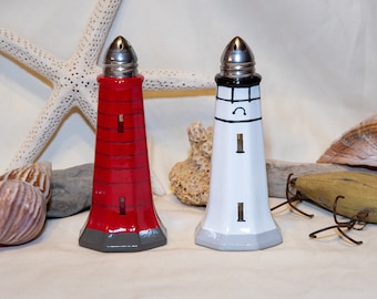 Michigan Lighthouse Salt and Pepper Shakers - Grand Haven/Au Sable Light Pair - Hand Painted - Domestic Shipping Included!