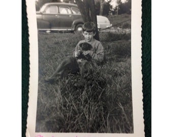 1950's Black and White Photo Boy & Puppy Antique Automobile Background 1952