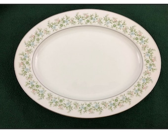 Noritake China Savannah Serving Platter 13.75" Floral Platinum Rim White 2031