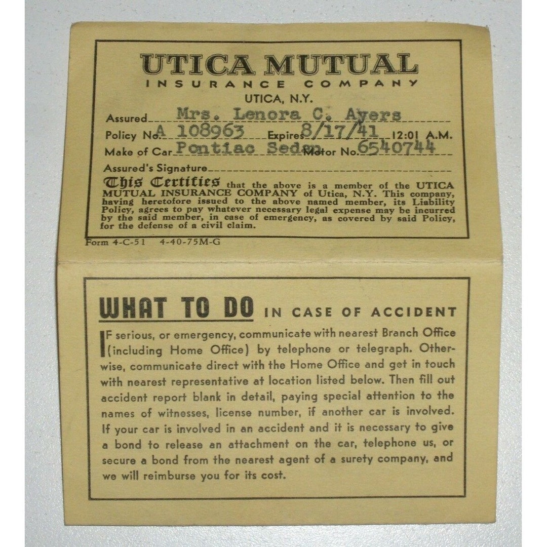 1941 Utica Mutual Insurance Card for a Pontiac Sedan Etsy