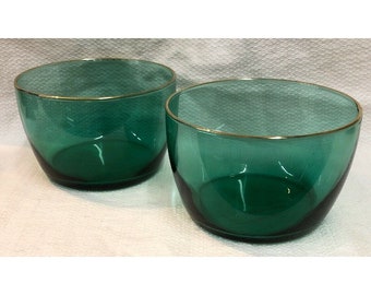 deep x 2 3/4 in Vintage Libbey Green Glass Gold Trim Dessert Bowls 4 1/4 in