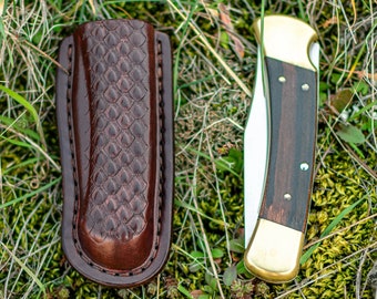 Tooled molded Friction sheath with belt loop for Buck 110 in snakeskin pattern folding hunter, folding knife case, pocket knife leather case