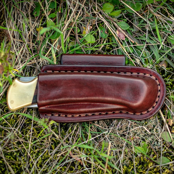Horizontal Carry sheath with belt loop made to fit Buck 110 folding hunter, Buck custom leather sheath, pocket knife leather case, EDC knife