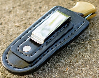 Black leather sheath with belt clip for Buck 110, folding knife case, pocket knife leather case, Buck case
