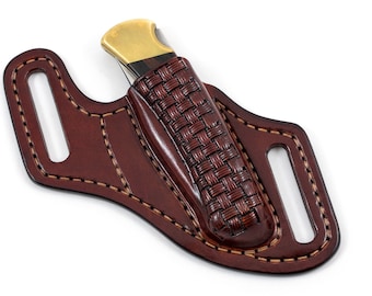 Brown leather Crossdraw pancake sheath for Buck 110 folding hunter