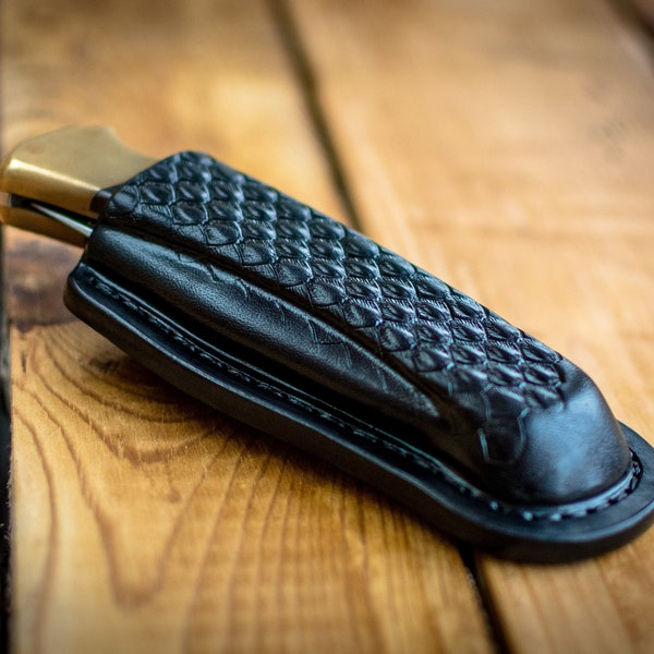 Black snakeskin pattern molded sheath made for Buck 110 folding hunter, folding knife case, pocket knife leather case
