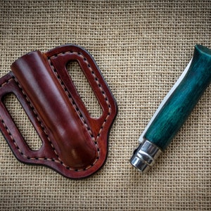 Fodero in pelle per pancake realizzato per Opinel, custodia per coltello pieghevole, custodia in pelle per coltello tascabile, fodero in pelle personalizzato, coltello tascabile tradizionale edc