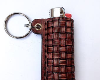 Brelok ze skóry z nadrukiem 3D w splocie koszykowym do zapalniczki BIC, etui na zapalniczkę dopasowane do BIC, pokrowiec na zapalniczkę, uchwyt na zapalniczkę, brelok do kluczy z etui na zapalniczkę