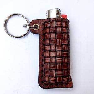 3D Basket Weave Stamped Leather Keyring for BIC Lighter, Lighter case made to fit BIC, Lighter Cover, Lighter Holder, Lighter Case Keyring