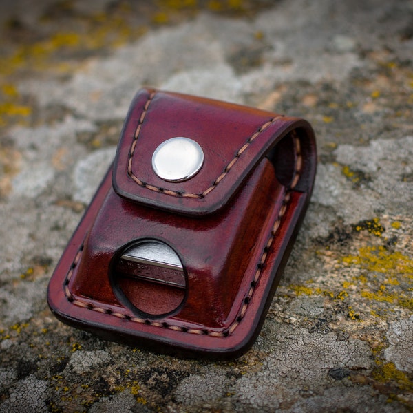 Leather case made to fit Zippo lighter, custom leather pouch with belt loop, closed top with snap button