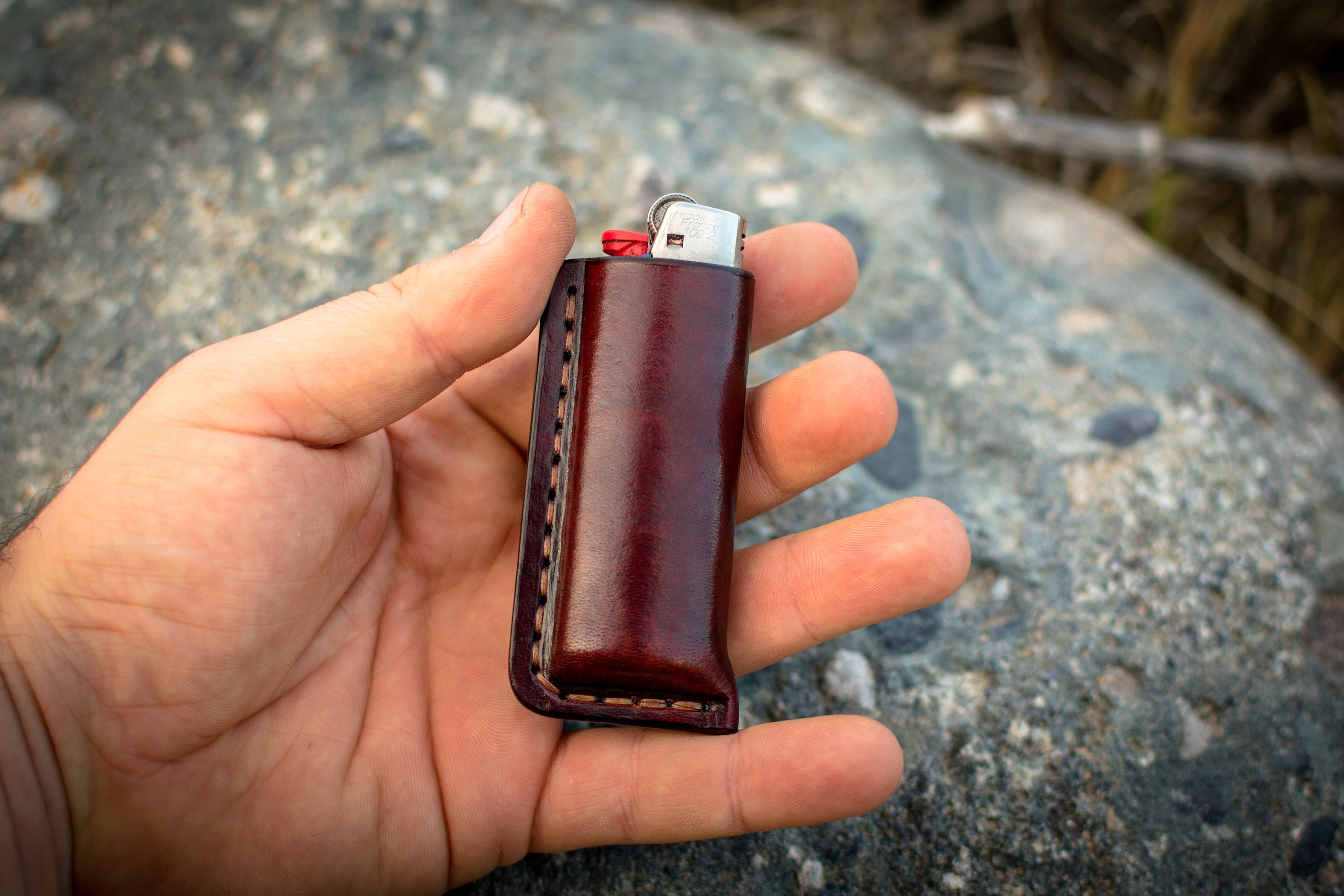 Leather Cowhide Lighter Case. (Made to fit 3 large BIC Lighter Not  Included)