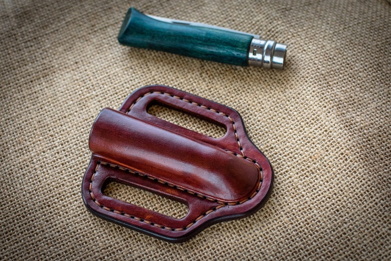 Leather Pancake Sheath made for Opinel , folding knife pouch, pocket knife leather case, custom leather sheath, Traditional pocket knife edc image 8