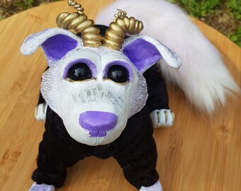 Fantasy art doll in a onesie, poseable, dog creature, plush tail