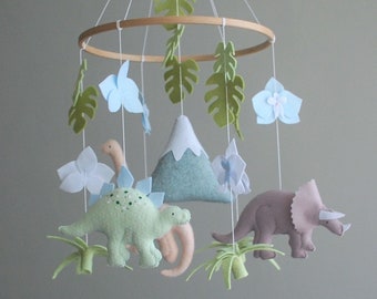 felt dinosaur nursery baby mobile, Flowers mobile , Dino themed nursery decor Dinosaur baby shower gift Hanging mobile nursery, New mom gift