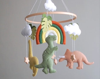 Felt baby mobile with dinosaurs, clouds and rainbow. Gender neutral nursery decor dino themed. Dinosaurs baby shower gift, New baby present