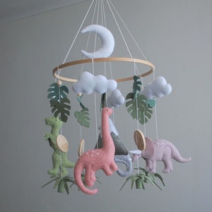 Dinosaur mobile Baby girl nursery mobile, Felt mobile dino, tropical nursery decor, Hanging mobile, baby shower gift, expecting mom gift image 1